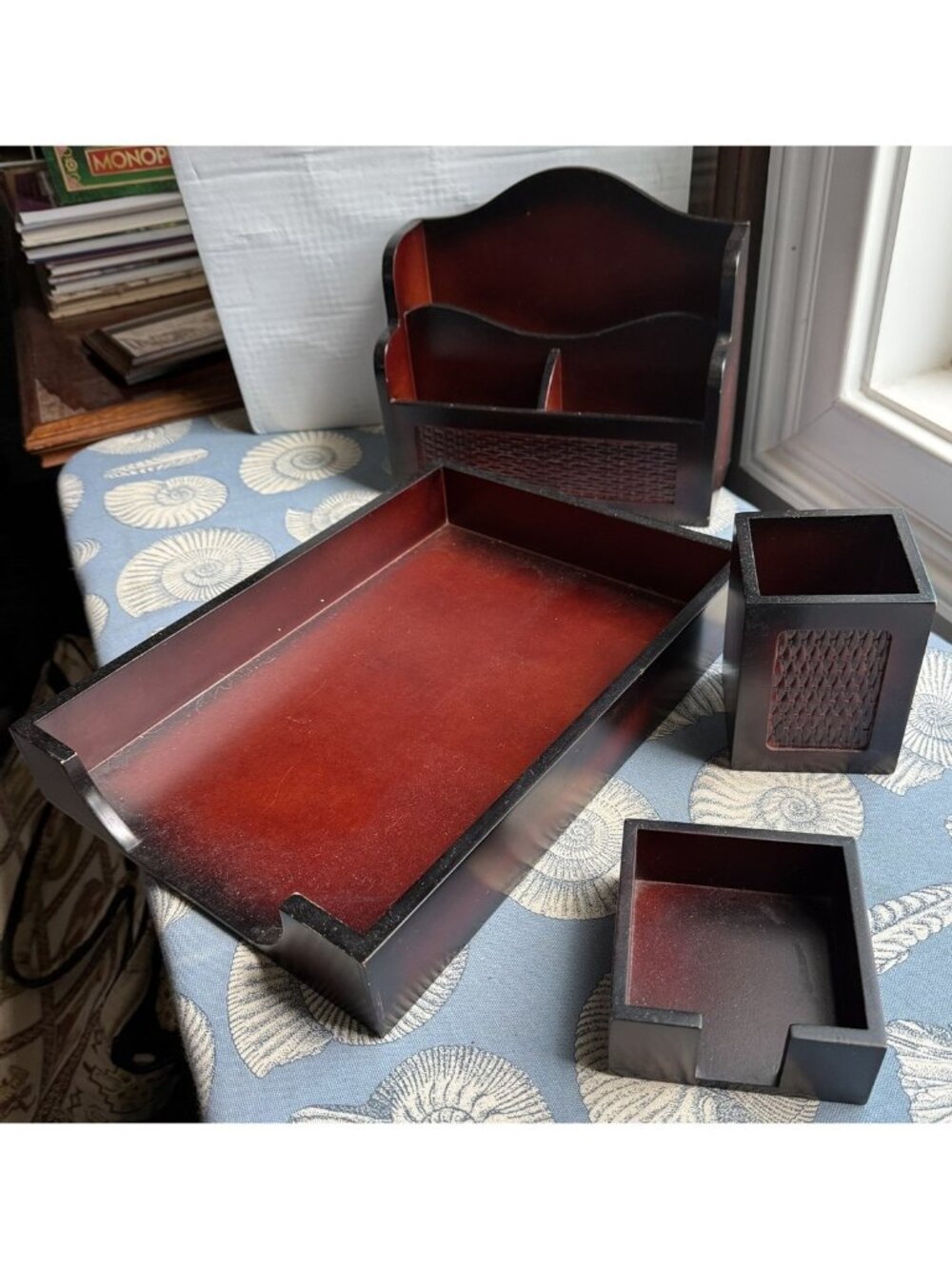 Wood and Rattan Desk Top Accessory Holders Set of 4 Letter Tray Pencil Box Rack